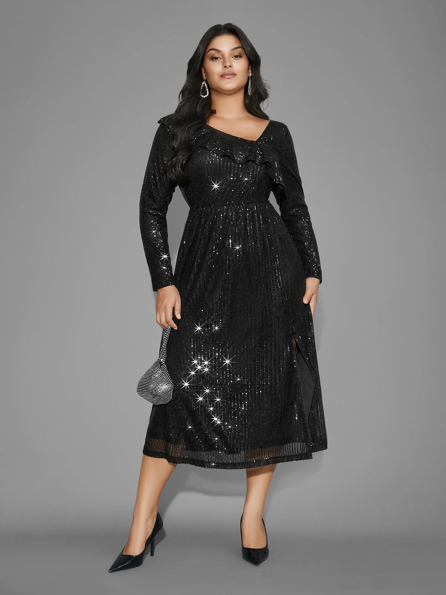 Sequin Mesh Asymmetrical Neck Midi Dress sold by Bloomchic product image thumbnail 3