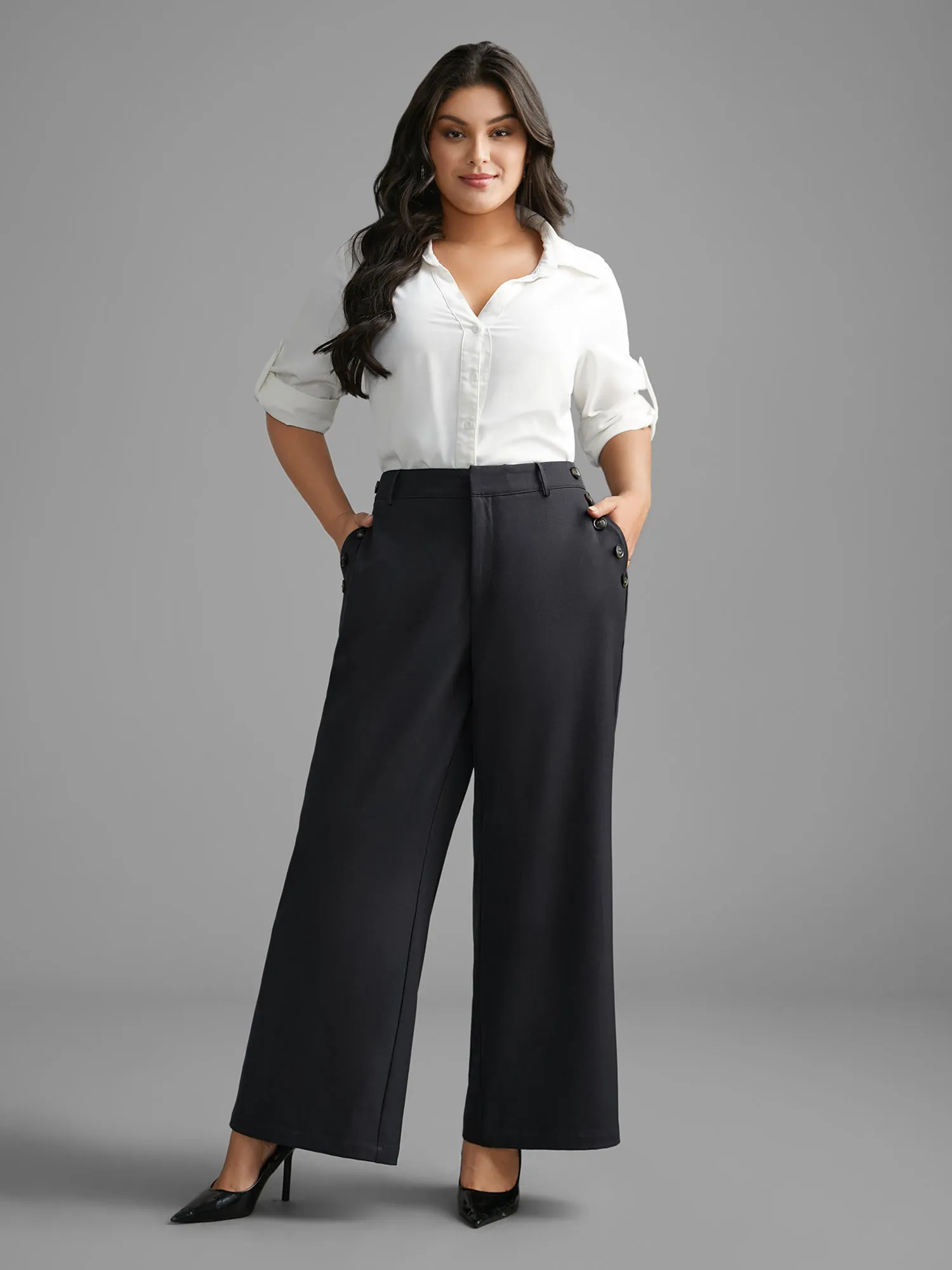 Stretchy Woven Button Detail Bootcut Pants sold by Bloomchic product image thumbnail 2