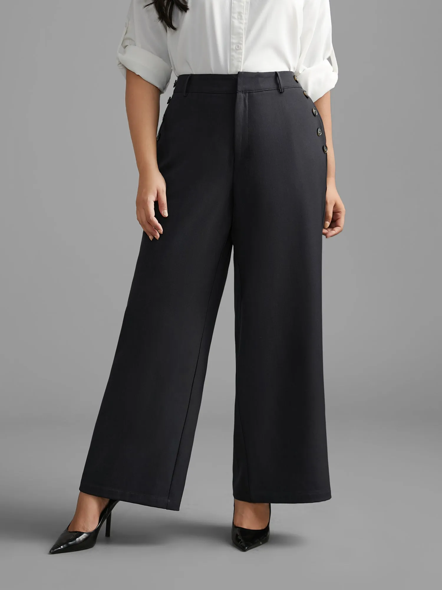 Stretchy Woven Button Detail Bootcut Pants sold by Bloomchic