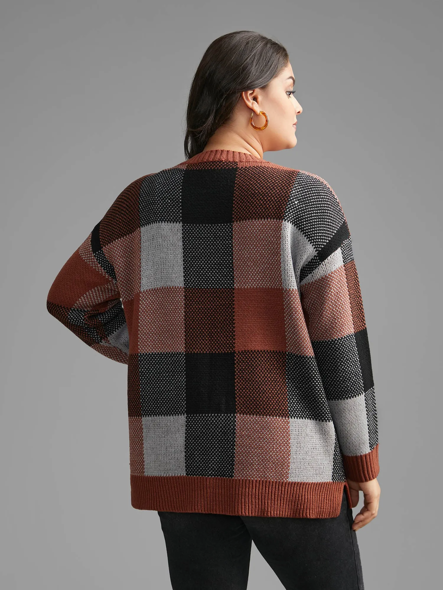 Plaid Contrast Slit Hem Pullover sold by Bloomchic product image thumbnail 2