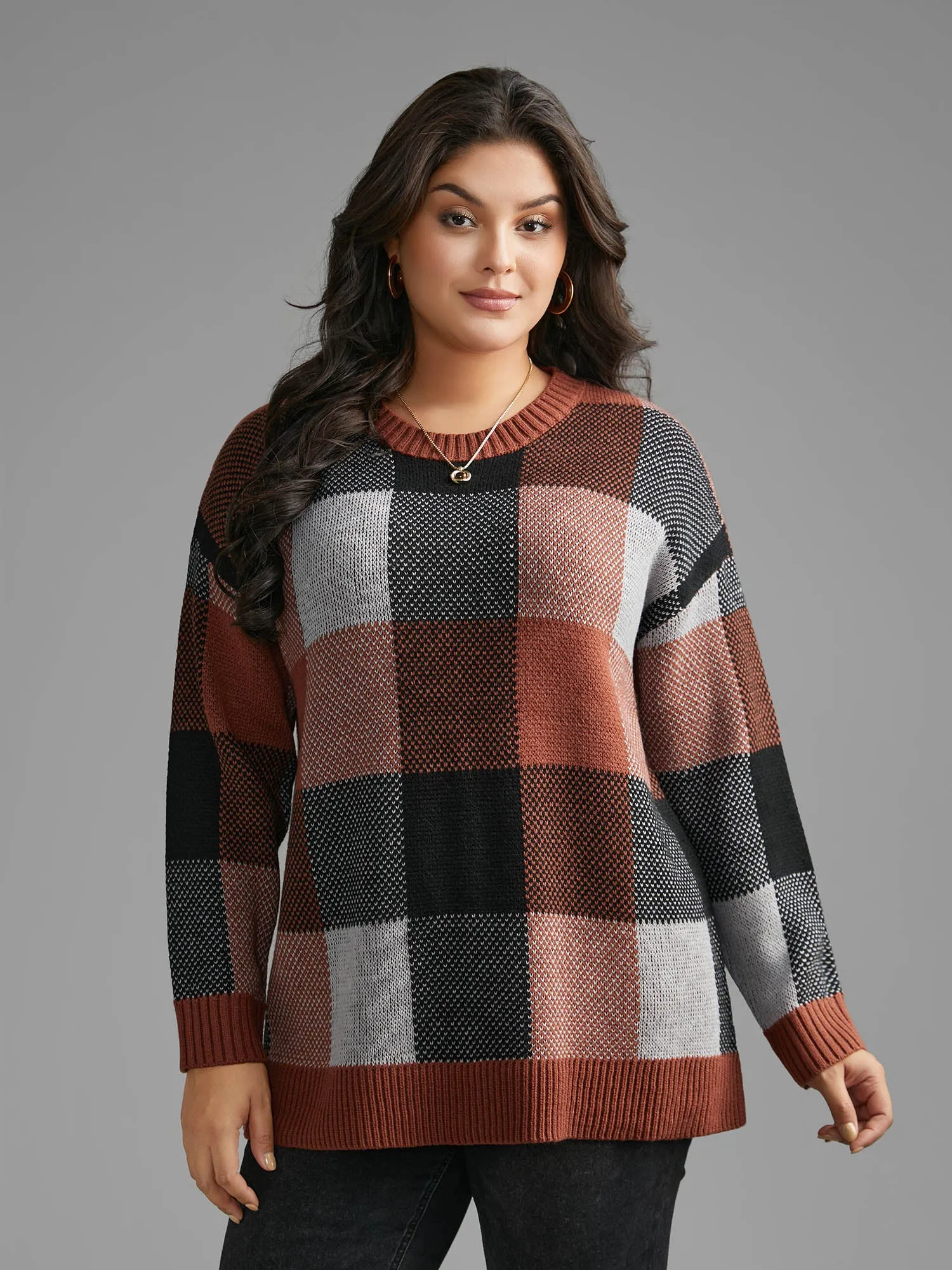 Plaid Contrast Slit Hem Pullover sold by Bloomchic product image thumbnail 3