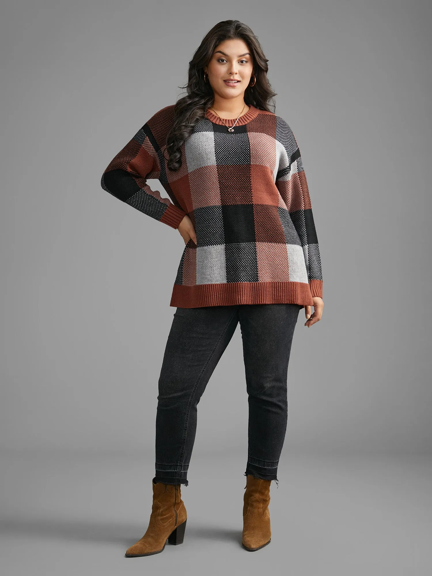 Plaid Contrast Slit Hem Pullover sold by Bloomchic product image thumbnail 4
