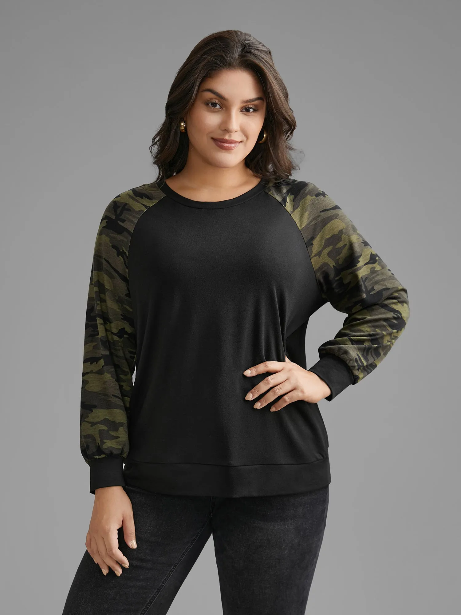 Camouflage Patchwork Raglan Sleeve Sweatshirt sold by Bloomchic product image thumbnail 2