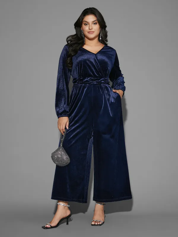 Plain Velvet Overlap Collar Jumpsuit sold by Bloomchic