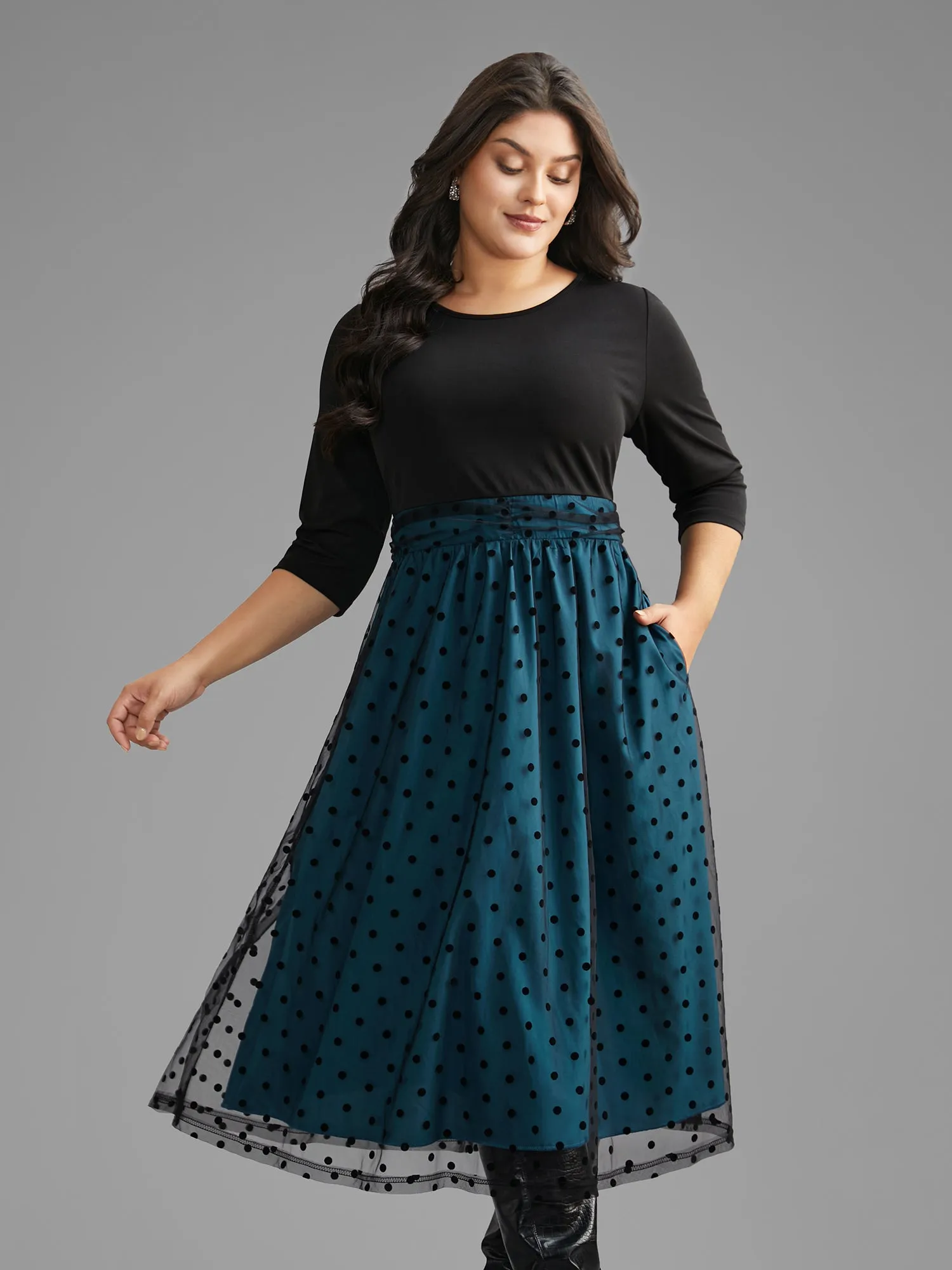 Polka Dot Flocking Mesh Patchwork Dress sold by Bloomchic