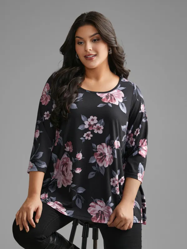 Floral Round Neck Asymmetrical Hem T-shirt sold by Bloomchic