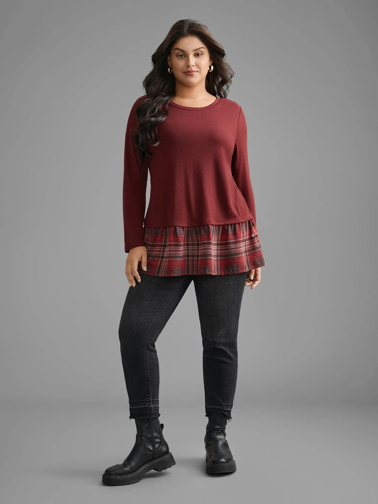 Plaid Patchwork Ruffle Hem Jersey Top sold by Bloomchic product image thumbnail 3