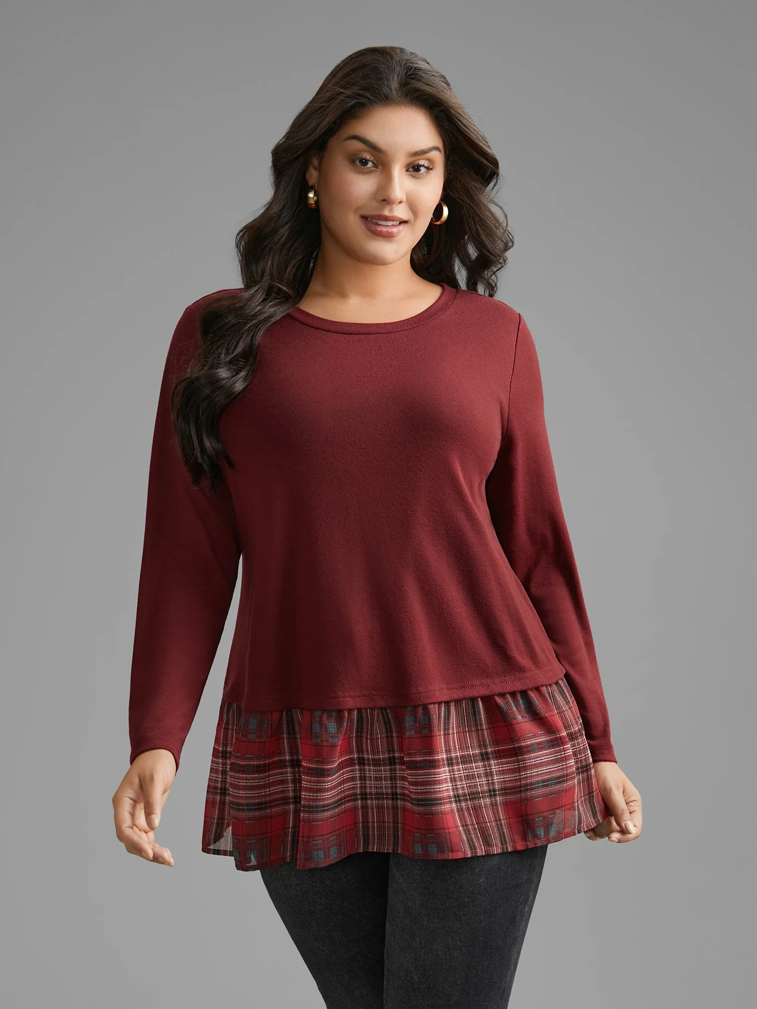 Plaid Patchwork Ruffle Hem Jersey Top sold by Bloomchic product image thumbnail 2