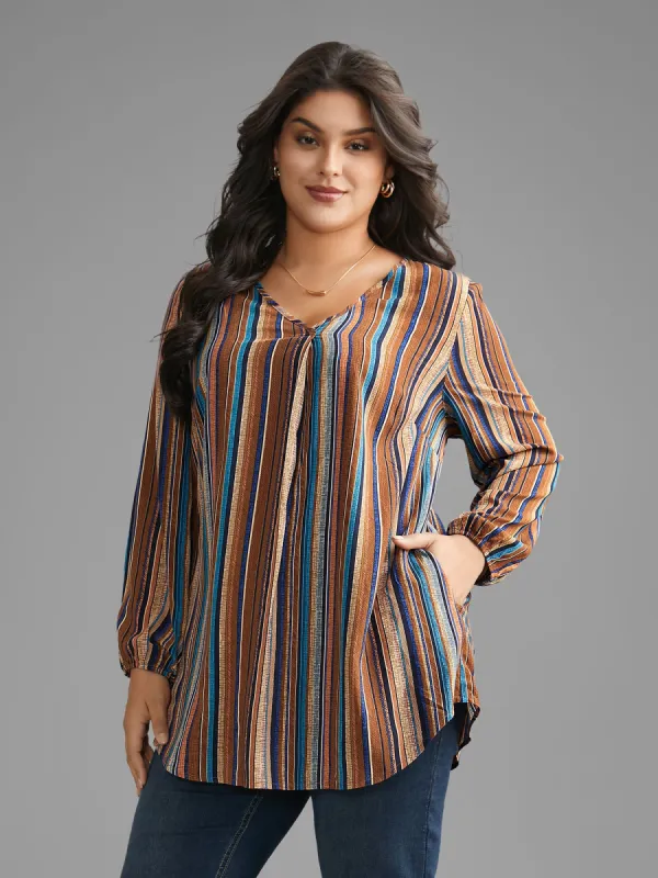 Contrast Striped Pocket Lantern Sleeve Blouse sold by Bloomchic