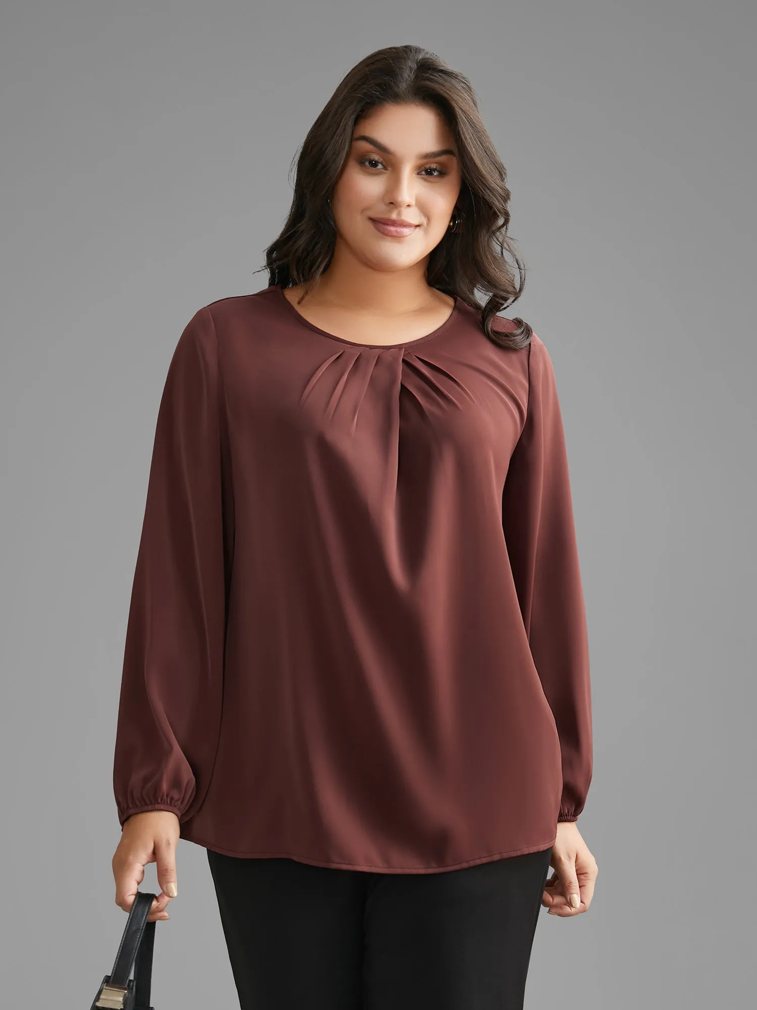 Solid Crew Neck Lantern Sleeve Blouse sold by Bloomchic