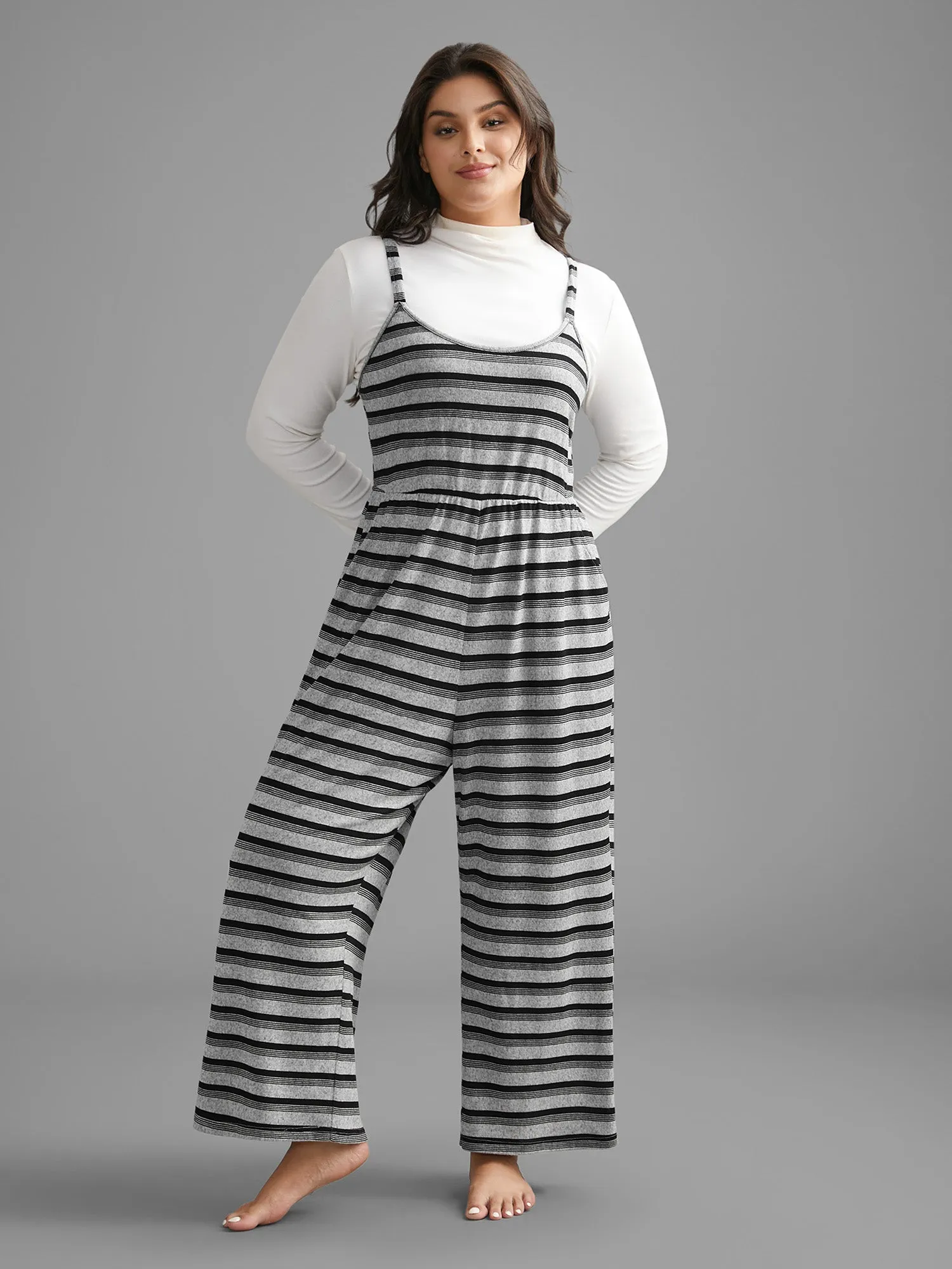 Monochrome Stripes Elastic Waist Pockets Pajama Jumpsuit sold by Bloomchic product image thumbnail 3