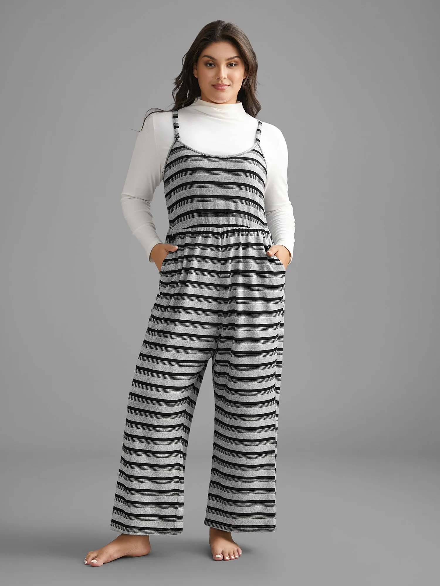 Monochrome Stripes Elastic Waist Pockets Pajama Jumpsuit sold by Bloomchic