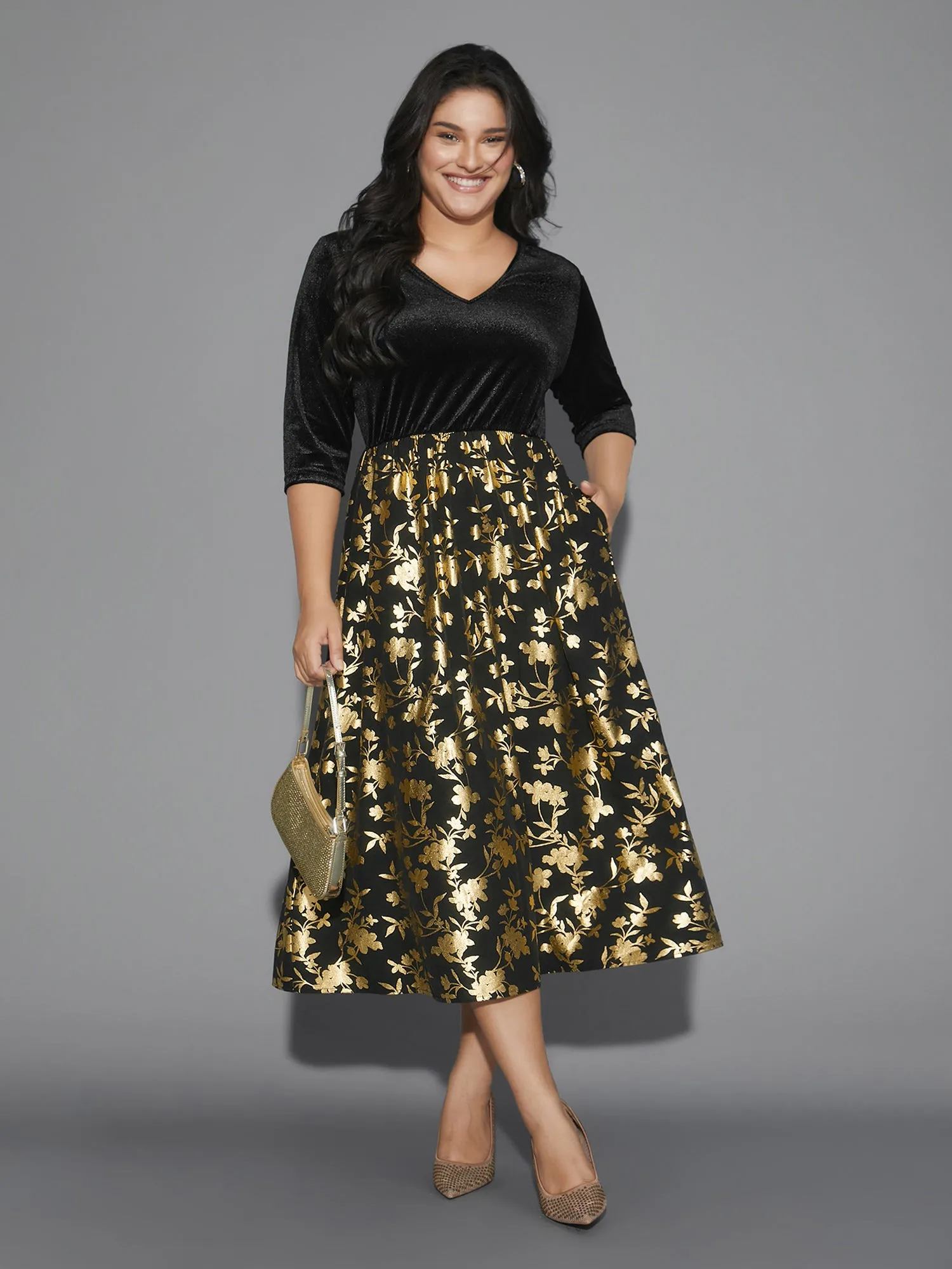 Glitter Floral Patchwork Velvet Midi Dress sold by Bloomchic product image thumbnail 3
