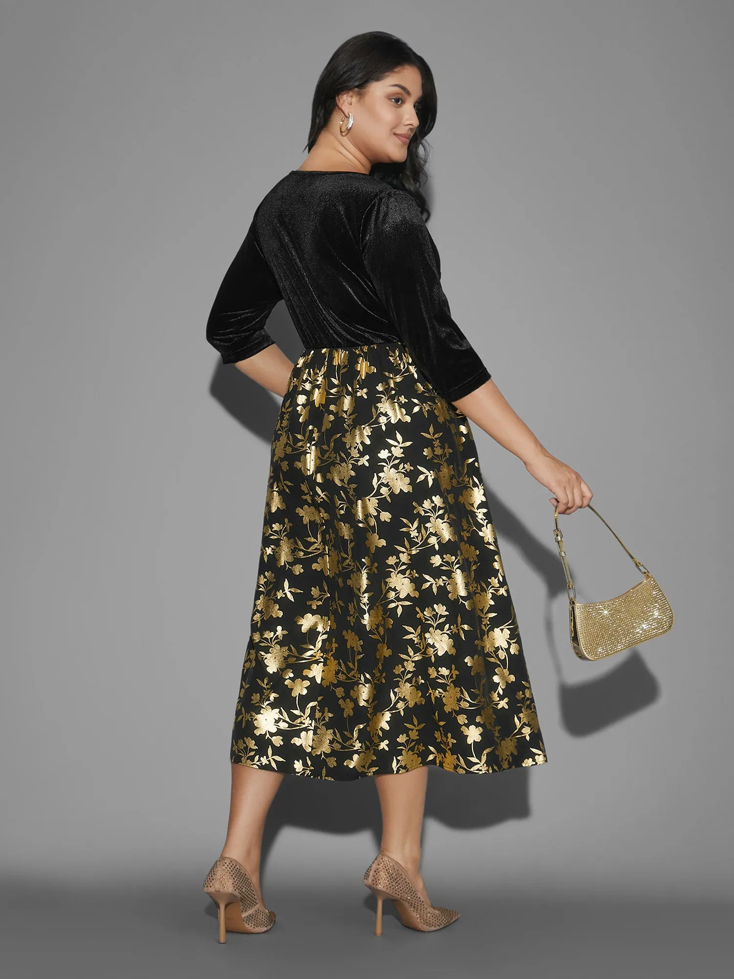 Glitter Floral Patchwork Velvet Midi Dress sold by Bloomchic product image thumbnail 5