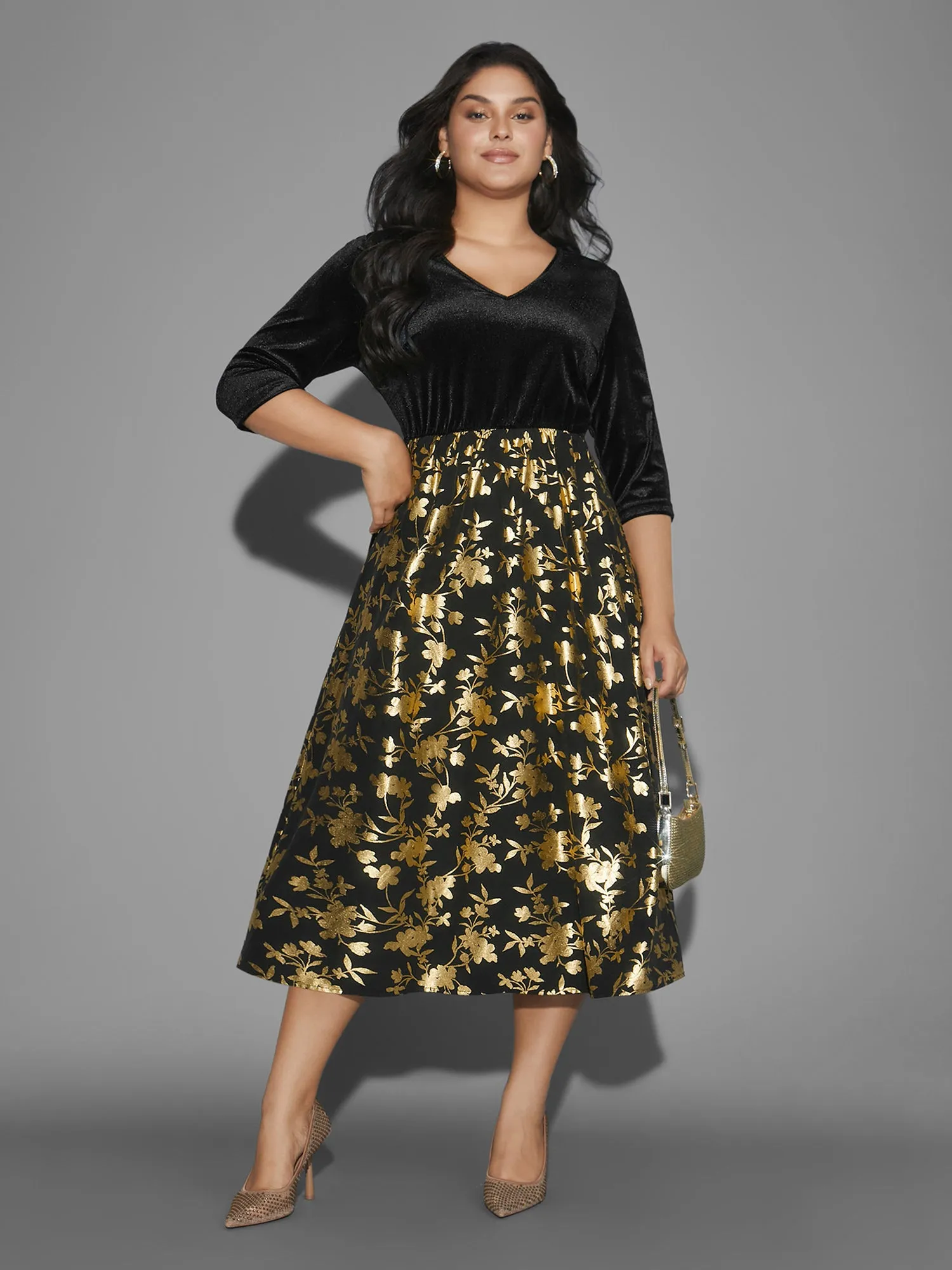 Glitter Floral Patchwork Velvet Midi Dress sold by Bloomchic product image thumbnail 4