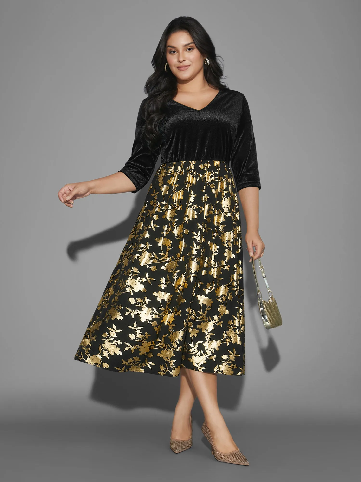 Glitter Floral Patchwork Velvet Midi Dress sold by Bloomchic