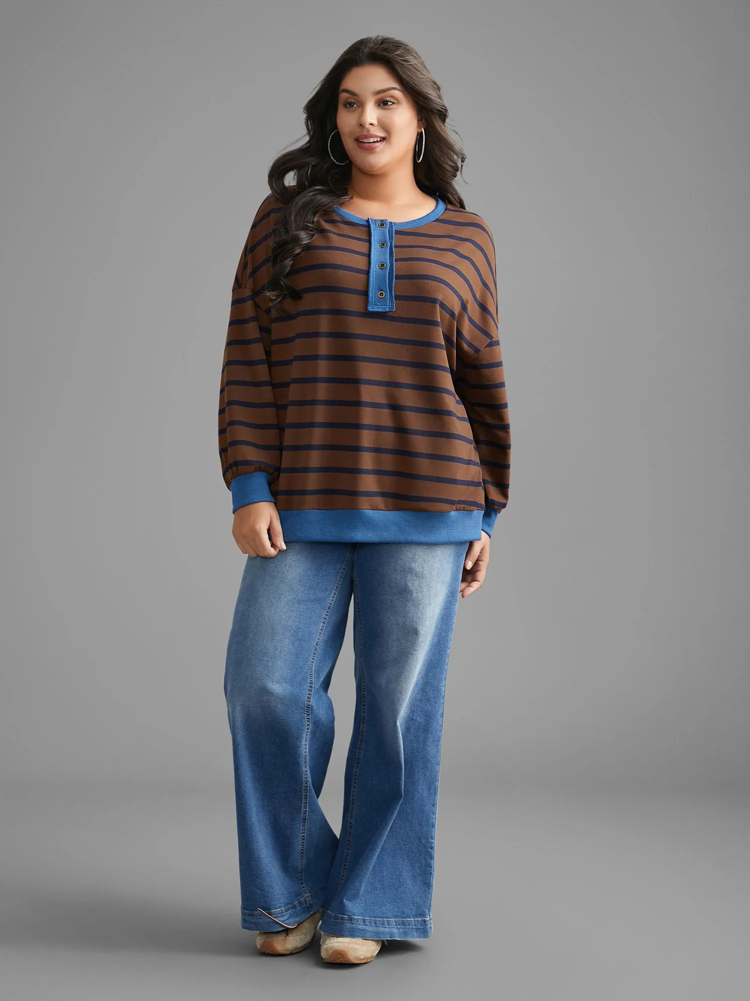 Striped Contrast Button Up Sweatshirt sold by Bloomchic product image thumbnail 2