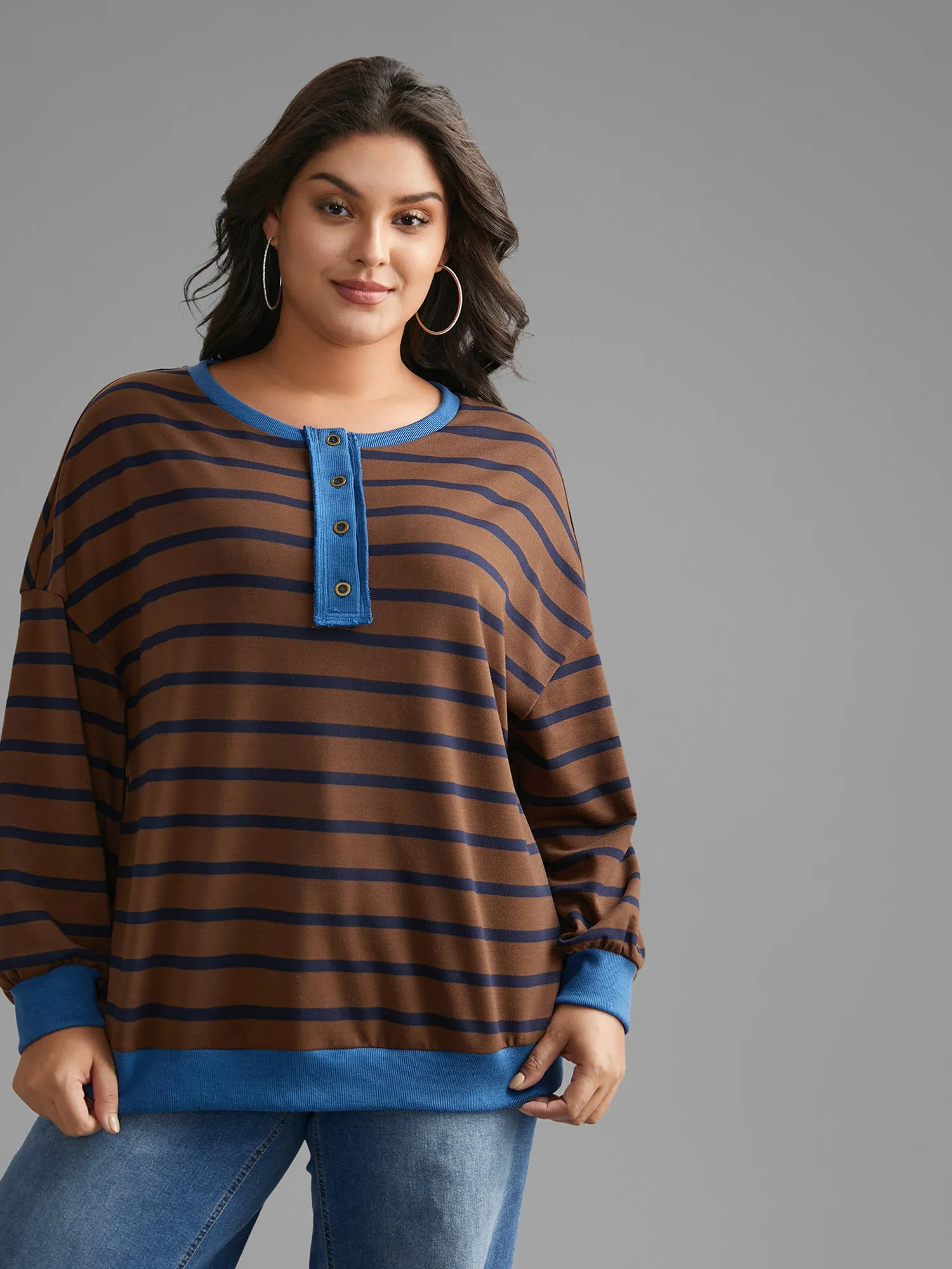Striped Contrast Button Up Sweatshirt sold by Bloomchic product image thumbnail 3