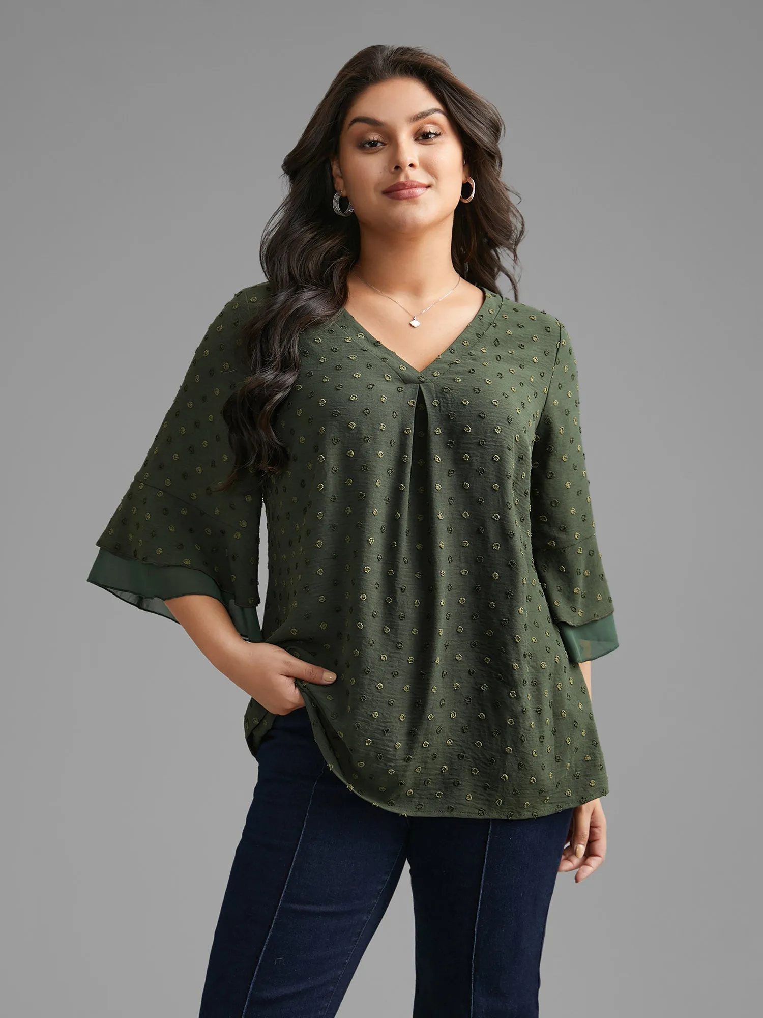 Textured Pleated Tiered Ruffle Sleeve Blouse sold by Bloomchic