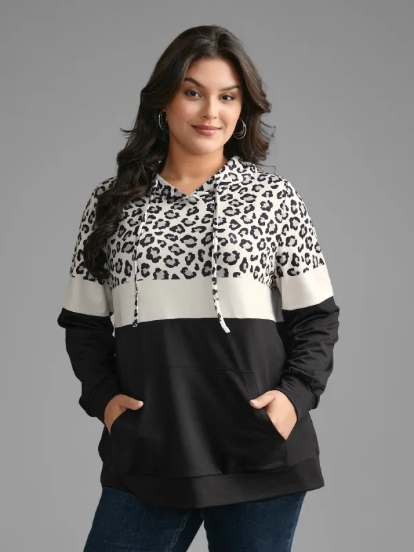 Leopard Print Patchwork Contrast Drawstring Sweatshirt sold by Bloomchic