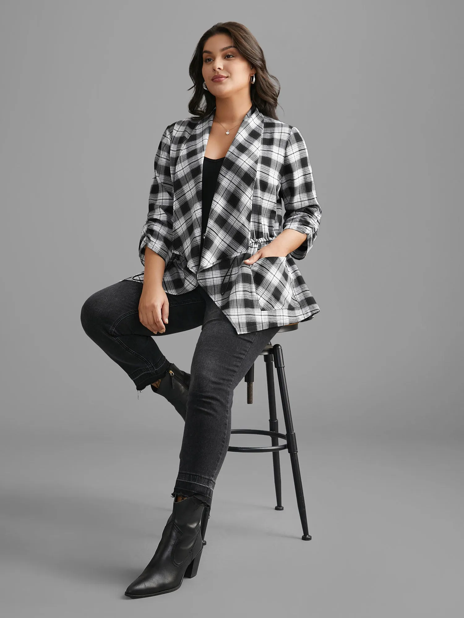 Plaid Drawstring Patched Pocket Coat sold by Bloomchic product image thumbnail 2