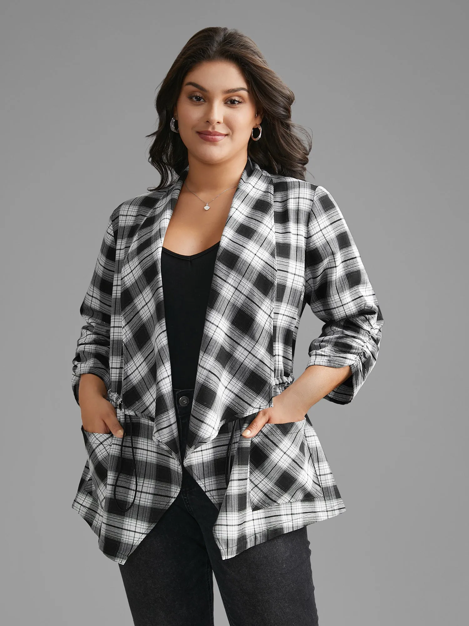 Plaid Drawstring Patched Pocket Coat sold by Bloomchic
