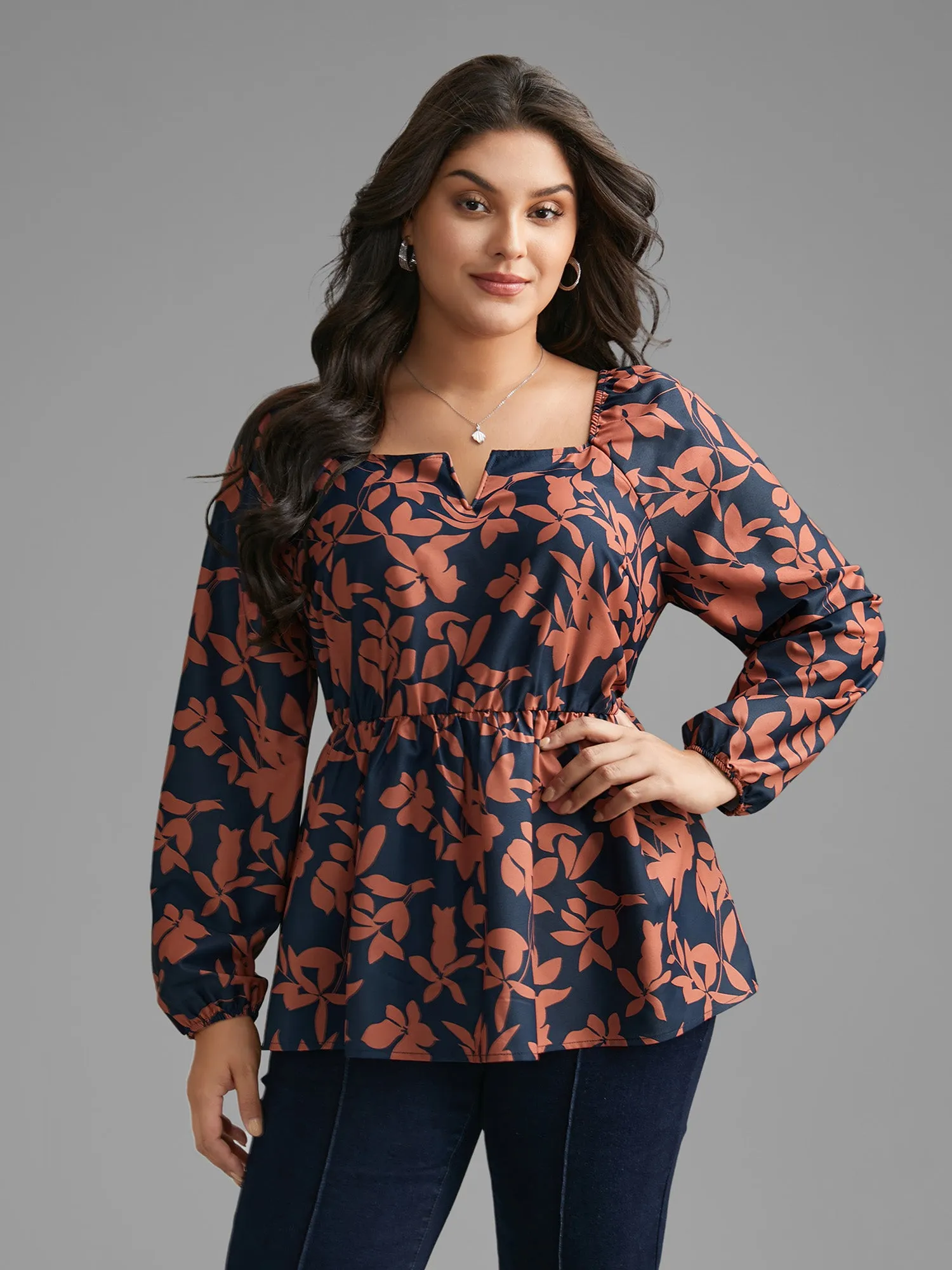 Notched Silhouette Floral Print Lantern Sleeve Blouse sold by Bloomchic product image thumbnail 4