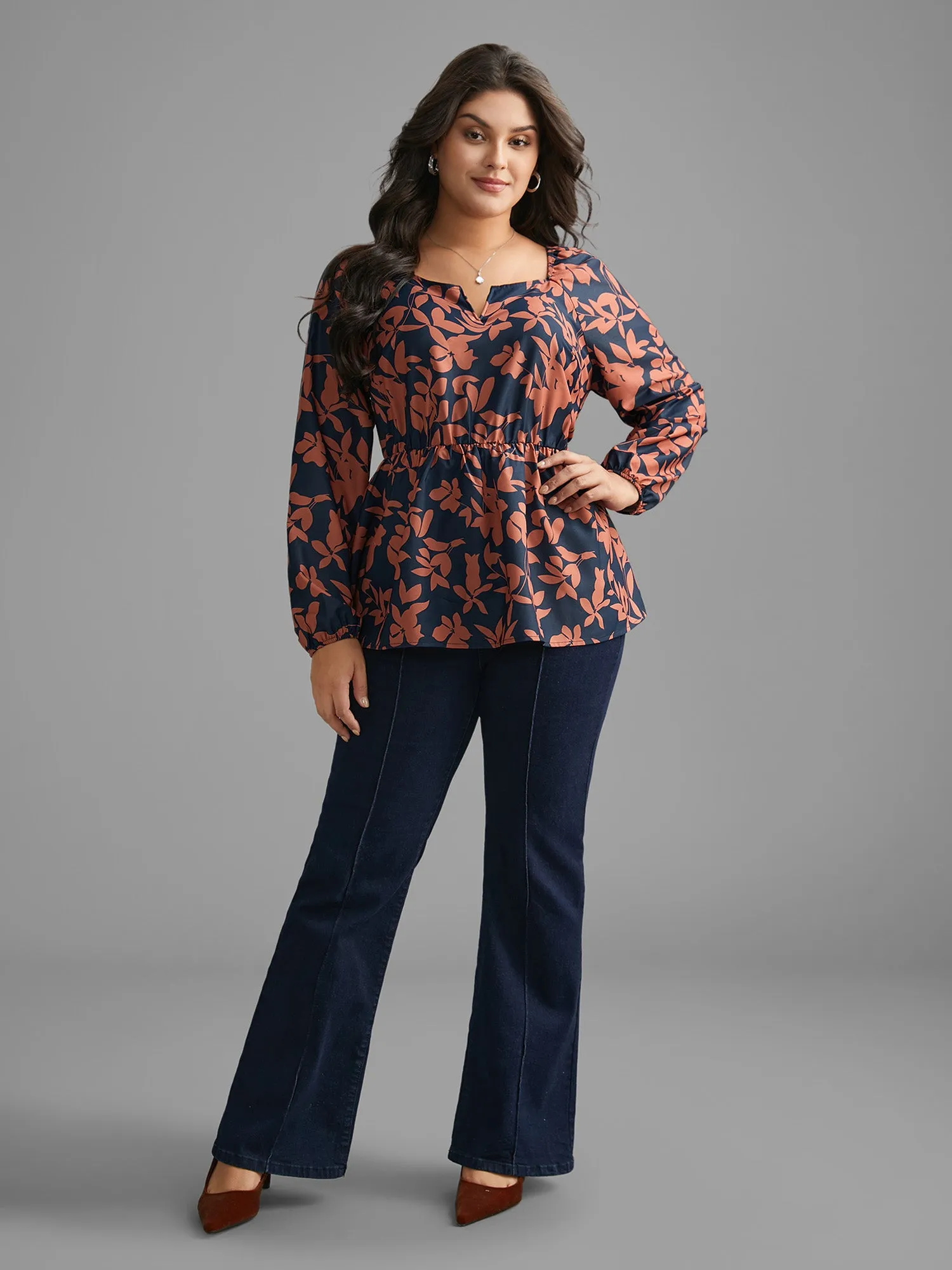Notched Silhouette Floral Print Lantern Sleeve Blouse sold by Bloomchic product image thumbnail 2