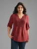 Notched Lace Panel Tab Sleeve Blouse sold by Bloomchic