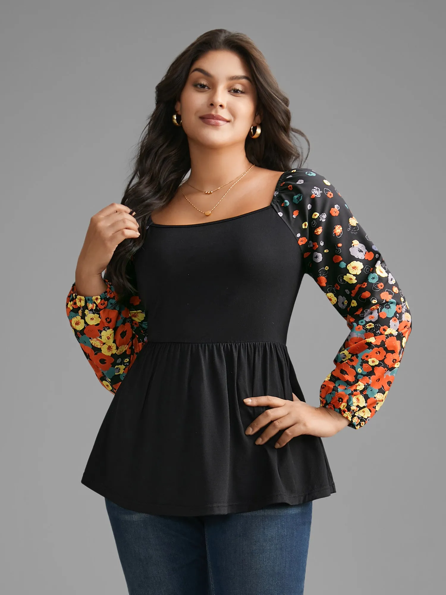 Square Neck Floral Patchwork Gathered Jersey Top sold by Bloomchic product image thumbnail 4