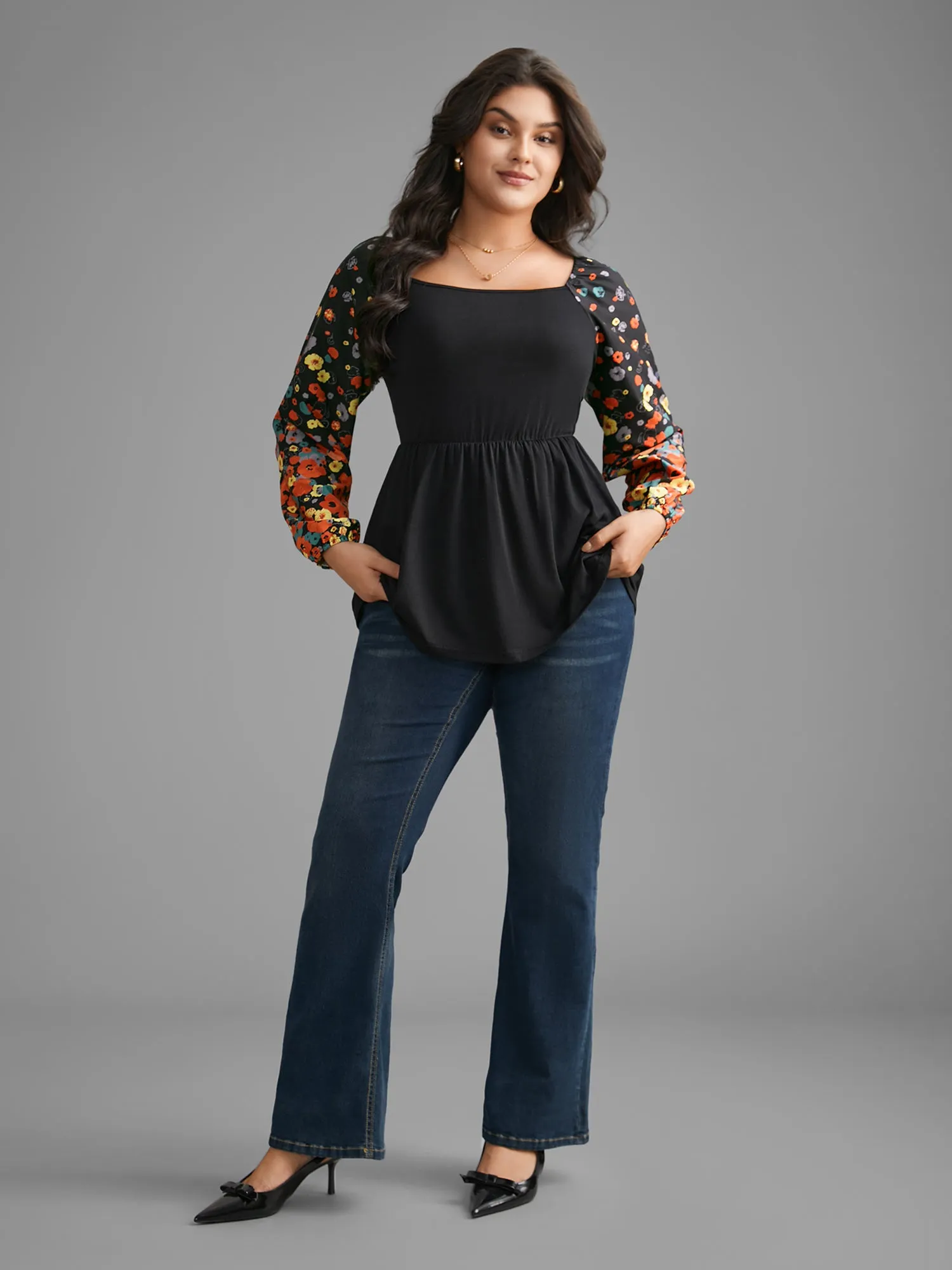 Square Neck Floral Patchwork Gathered Jersey Top sold by Bloomchic product image thumbnail 2