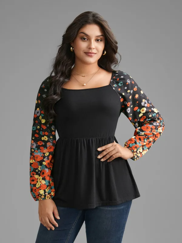 Square Neck Floral Patchwork Gathered Jersey Top sold by Bloomchic