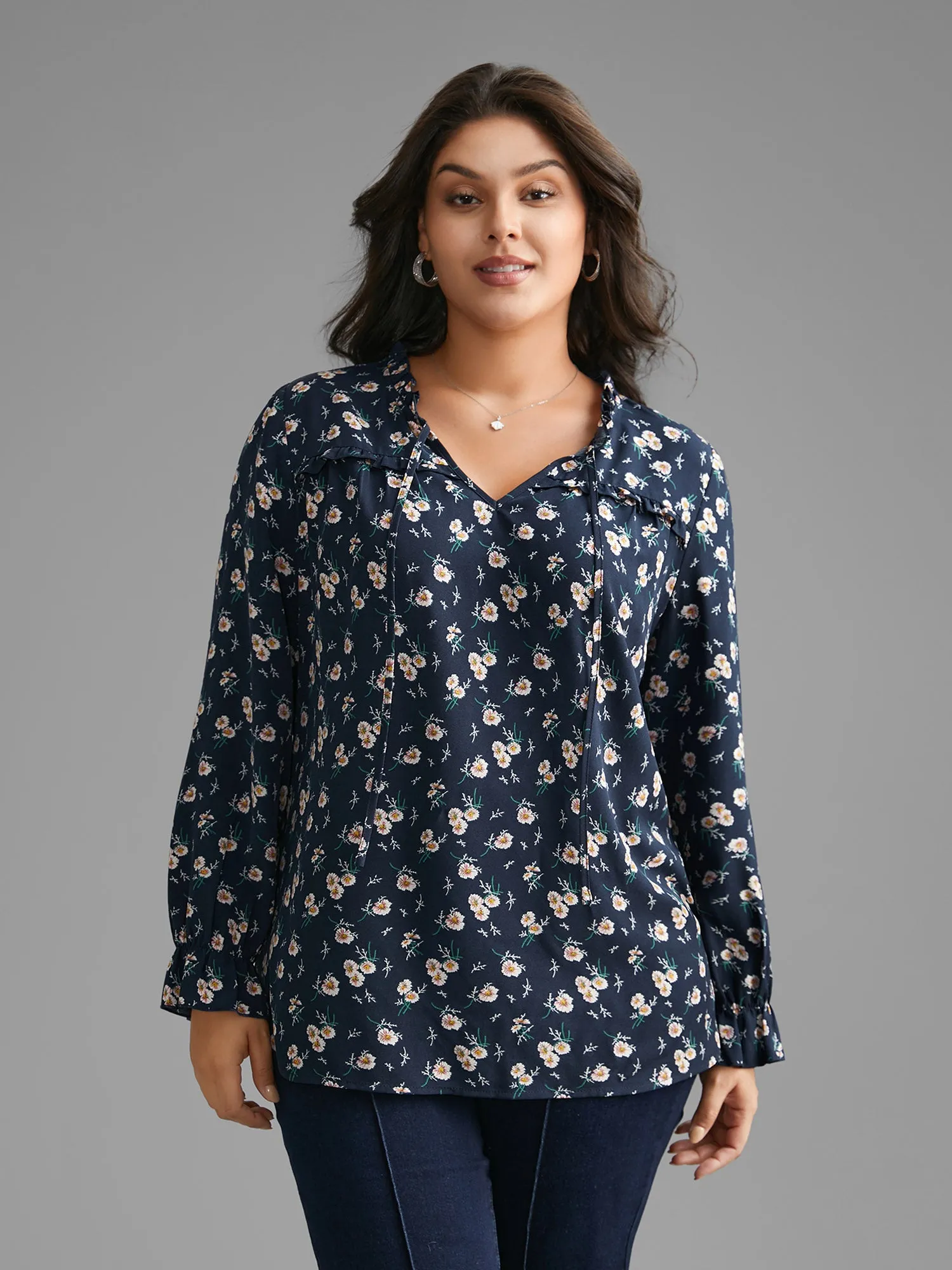 Floral Frill Trim Tie Knot Lantern Sleeve Blouse sold by Bloomchic product image thumbnail 4