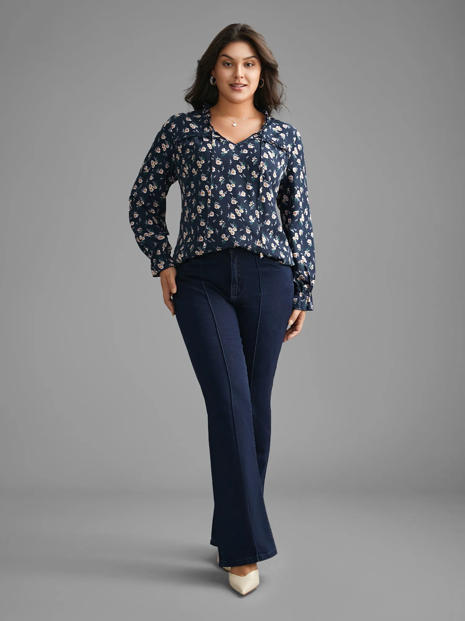 Floral Frill Trim Tie Knot Lantern Sleeve Blouse sold by Bloomchic product image thumbnail 2