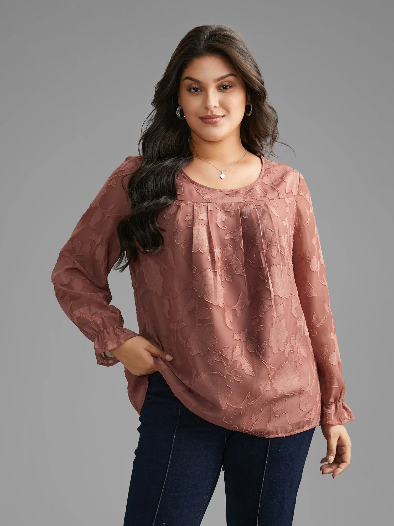Silhouette Floral Textured Lantern Sleeve Blouse sold by Bloomchic product image thumbnail 3