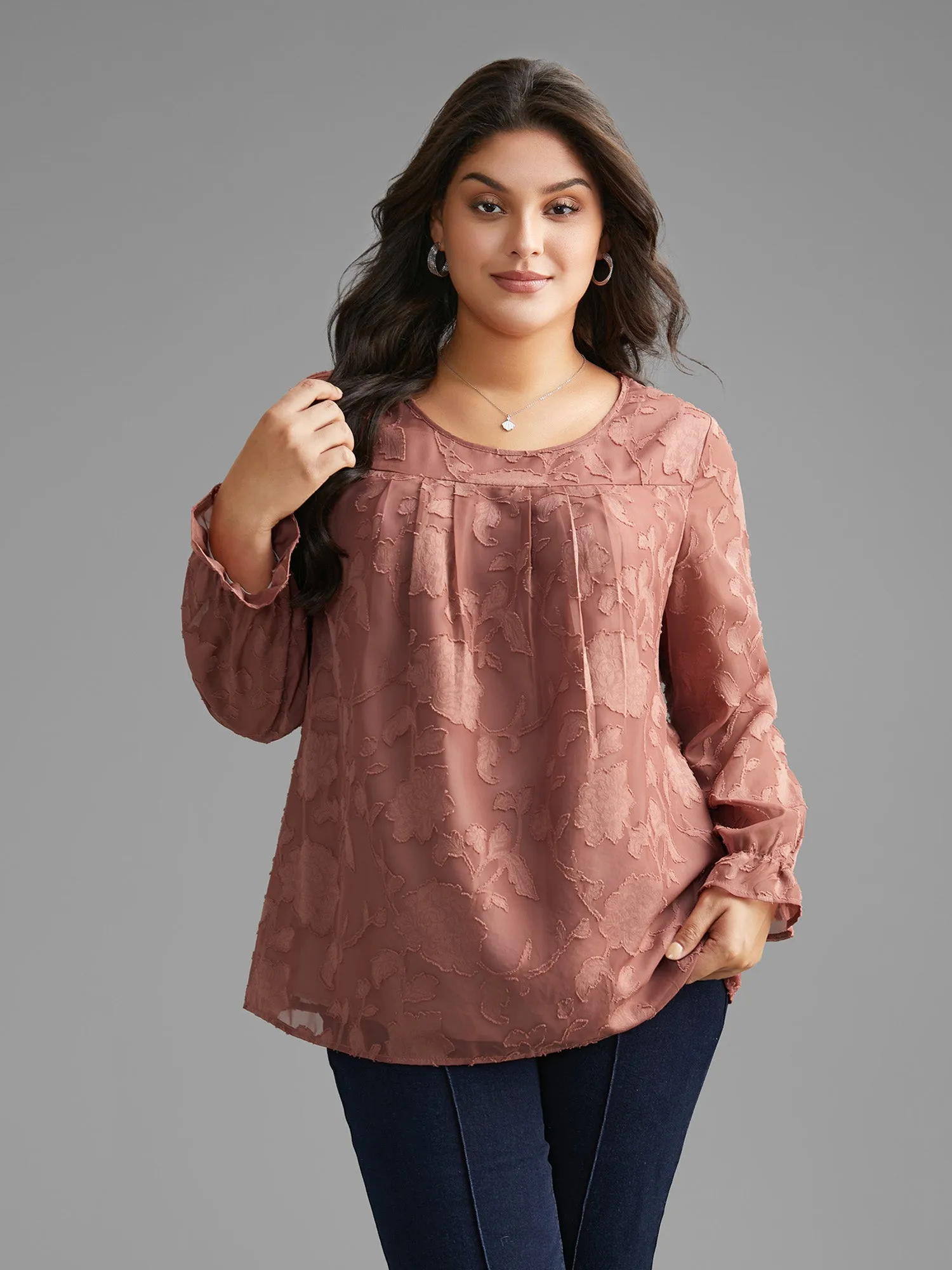 Silhouette Floral Textured Lantern Sleeve Blouse sold by Bloomchic