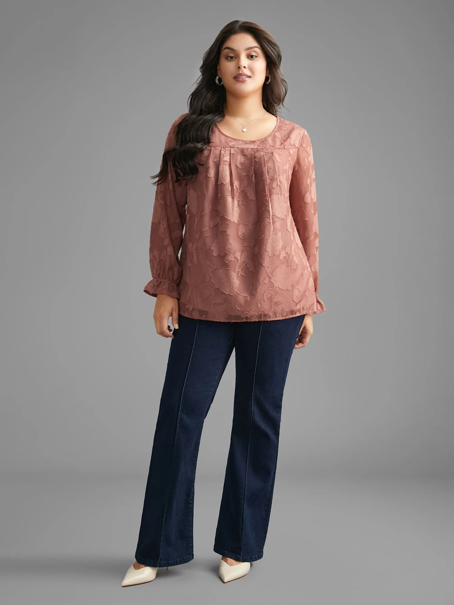 Silhouette Floral Textured Lantern Sleeve Blouse sold by Bloomchic product image thumbnail 2