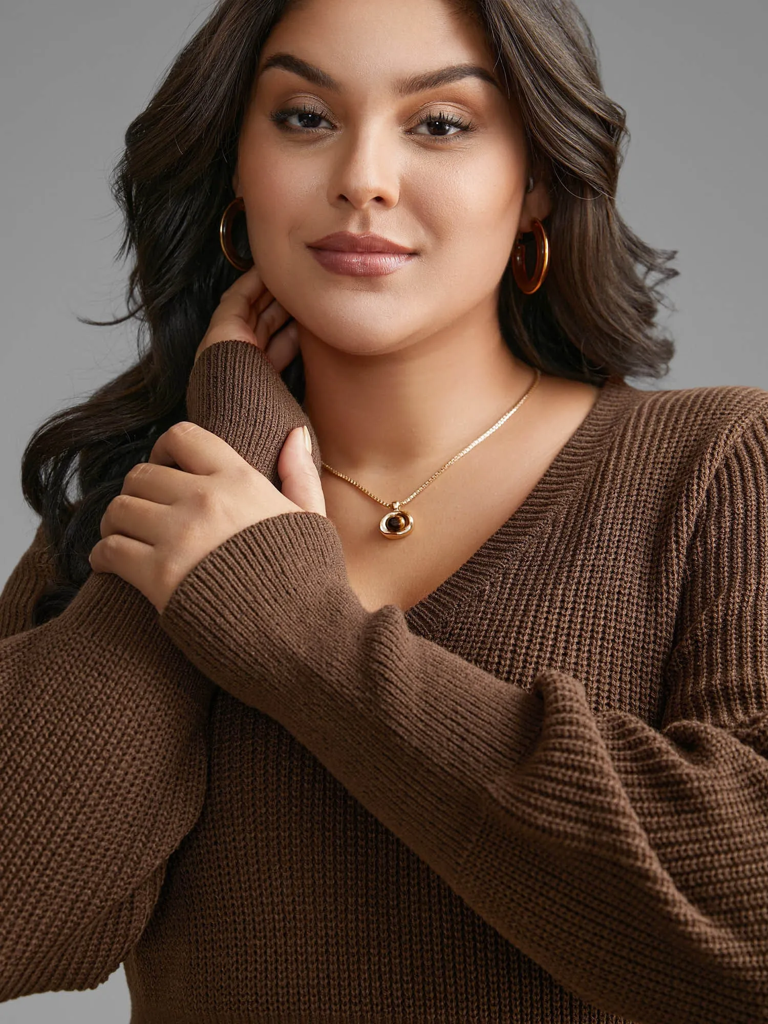 Plain V Neck Lantern Sleeve Pullover sold by Bloomchic product image thumbnail 3