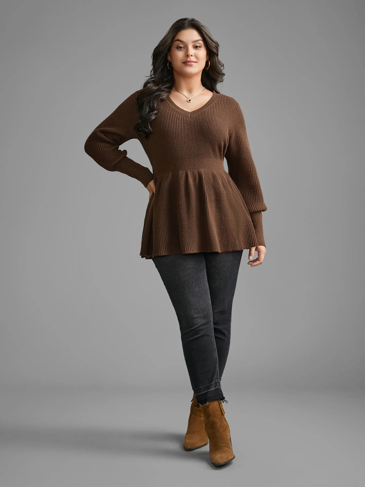 Plain V Neck Lantern Sleeve Pullover sold by Bloomchic product image thumbnail 2