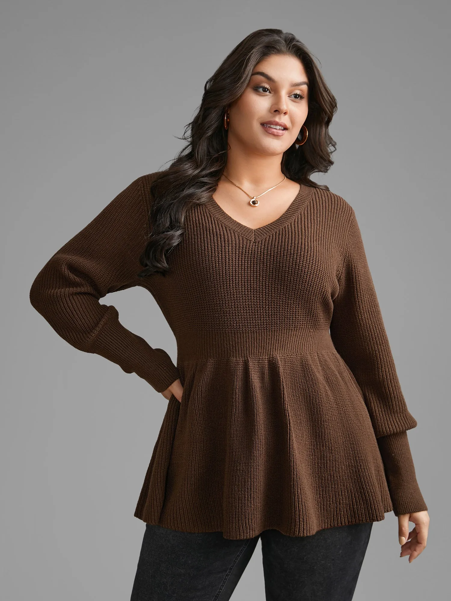 Plain V Neck Lantern Sleeve Pullover sold by Bloomchic product image thumbnail 4
