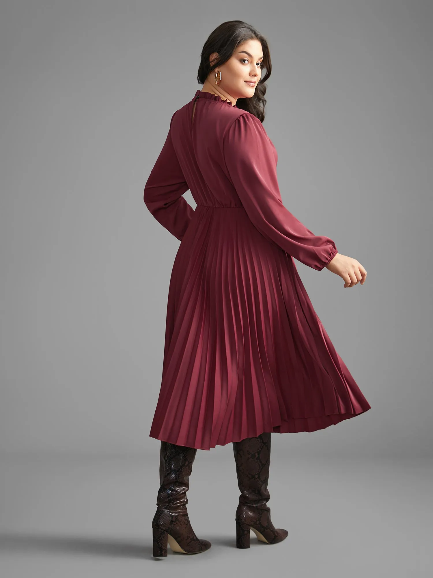 Mock Neck Frill Trim Pleated Dress sold by Bloomchic product image thumbnail 4