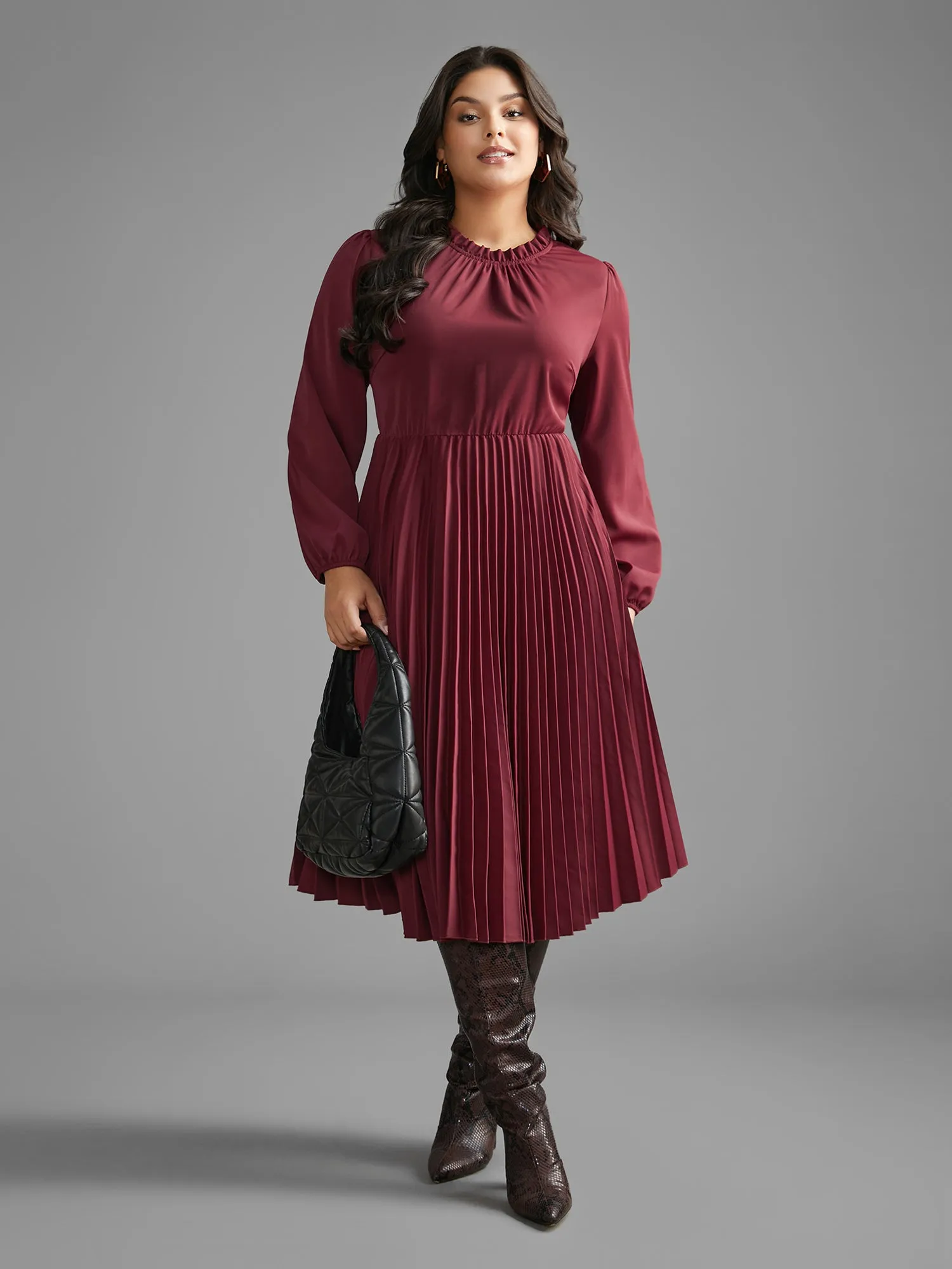 Mock Neck Frill Trim Pleated Dress sold by Bloomchic product image thumbnail 3