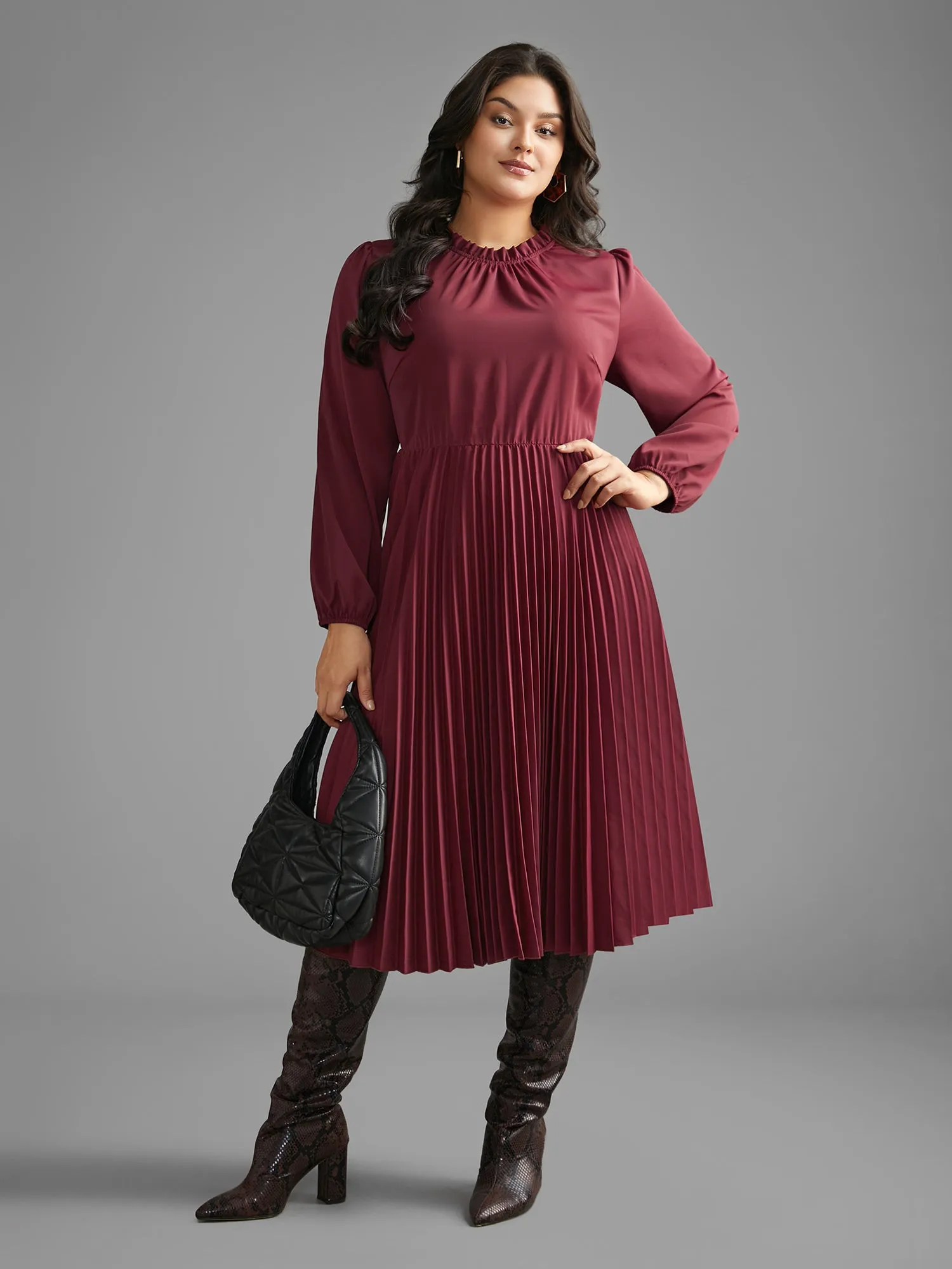 Mock Neck Frill Trim Pleated Dress sold by Bloomchic product image thumbnail 2