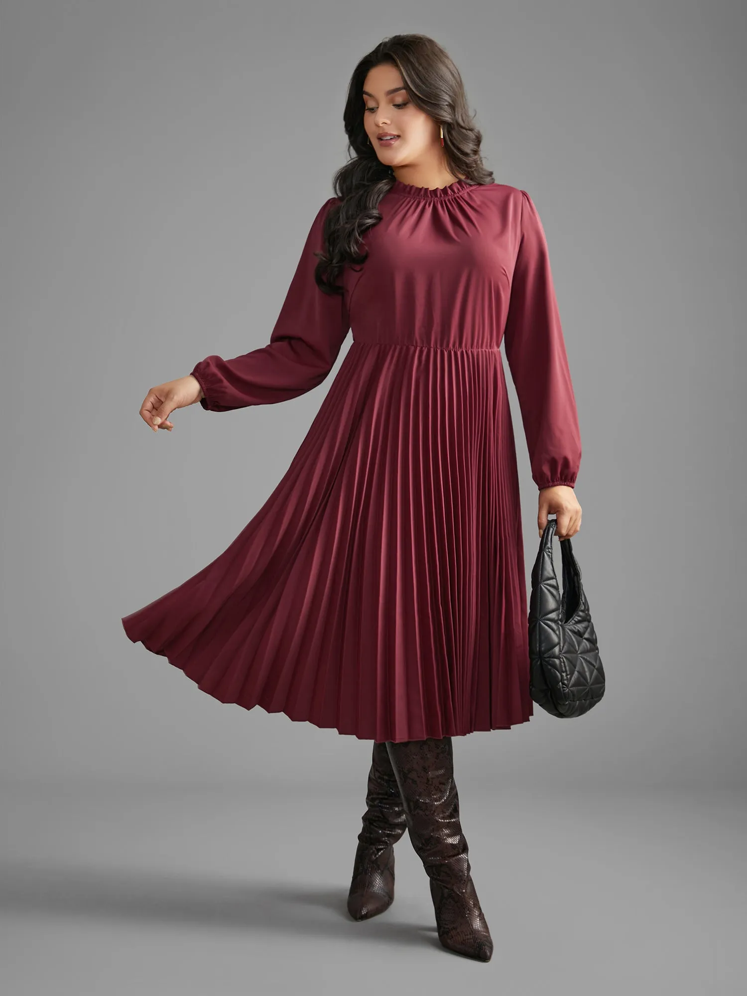 Mock Neck Frill Trim Pleated Dress sold by Bloomchic