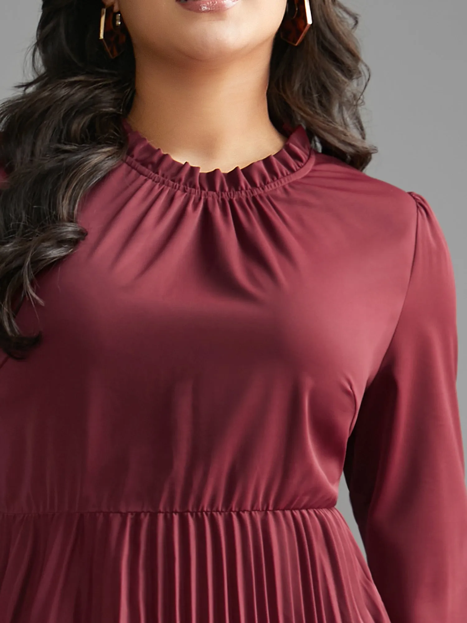 Mock Neck Frill Trim Pleated Dress sold by Bloomchic product image thumbnail 5