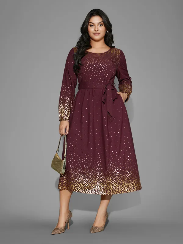 Glitter Round Neck Belted Lantern Sleeve Dress sold by Bloomchic