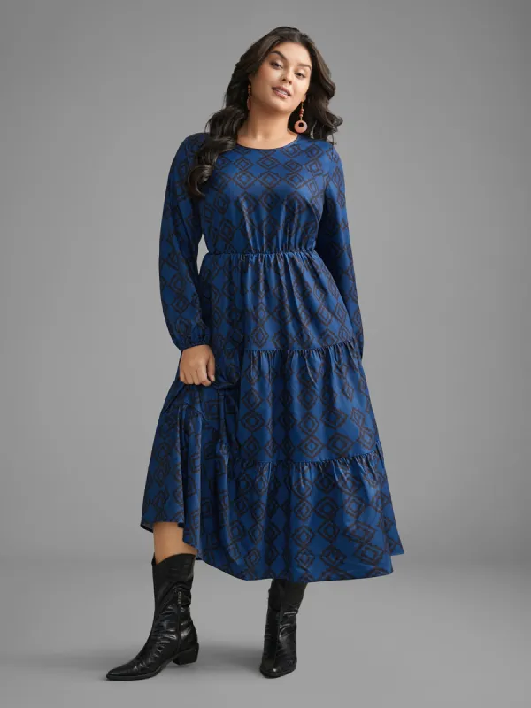 Bandana Geometric Ruffle Layered Hem Dress sold by Bloomchic