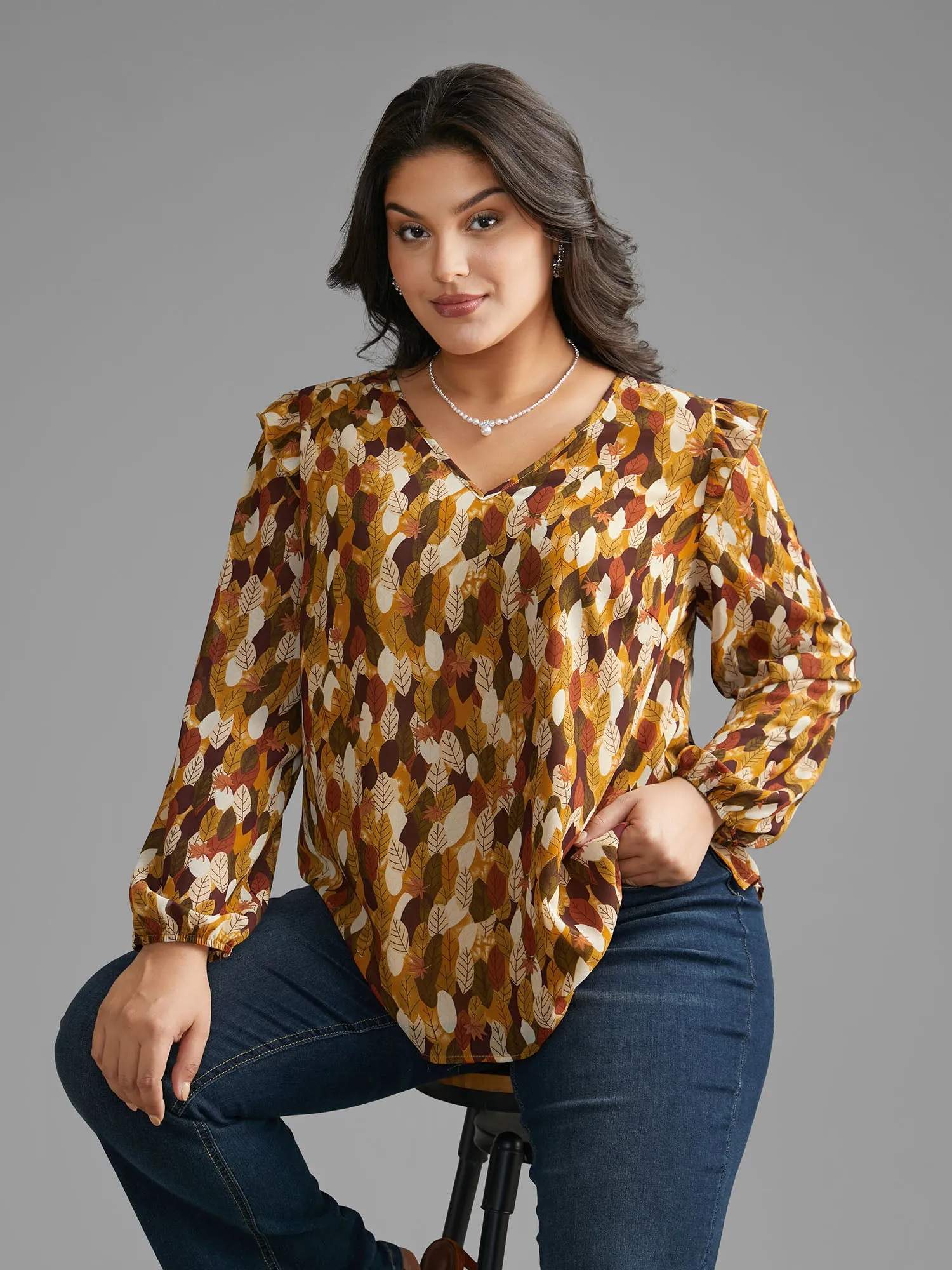 Leaves Print Ruffle Trim Slit Hem Blouse sold by Bloomchic product image thumbnail 3