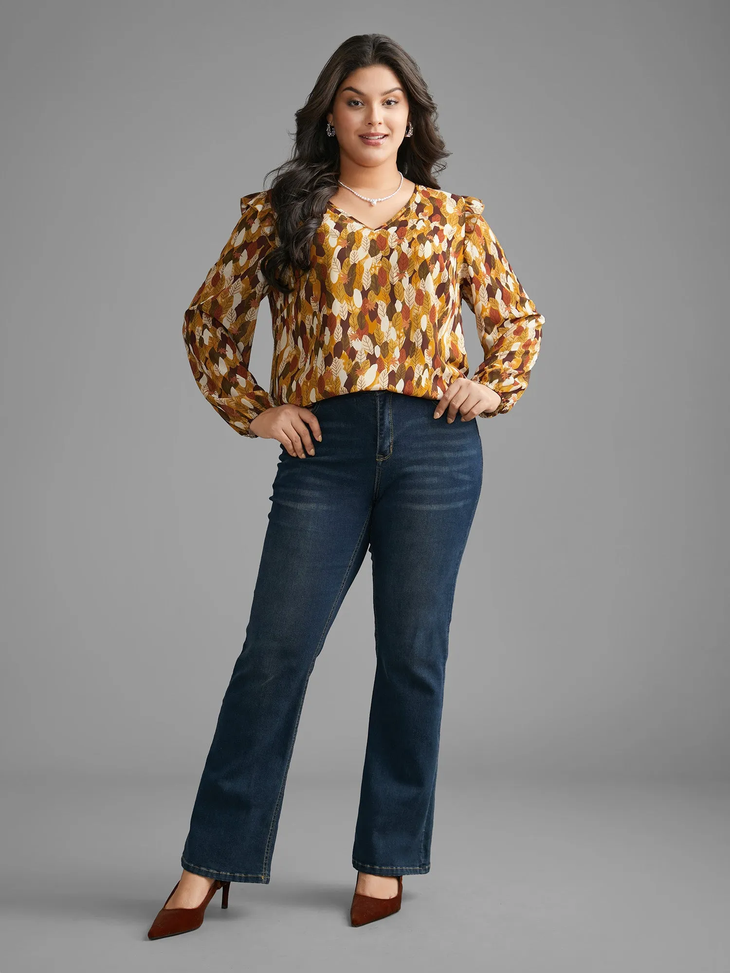 Leaves Print Ruffle Trim Slit Hem Blouse sold by Bloomchic product image thumbnail 2