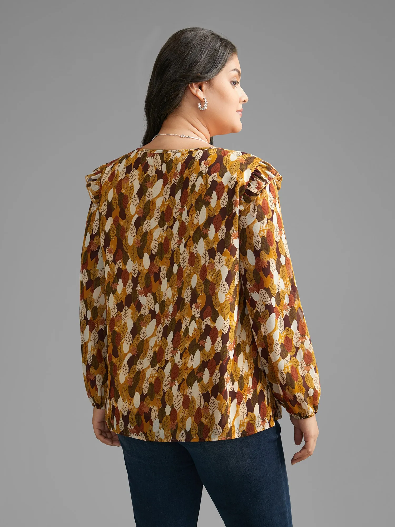 Leaves Print Ruffle Trim Slit Hem Blouse sold by Bloomchic product image thumbnail 5